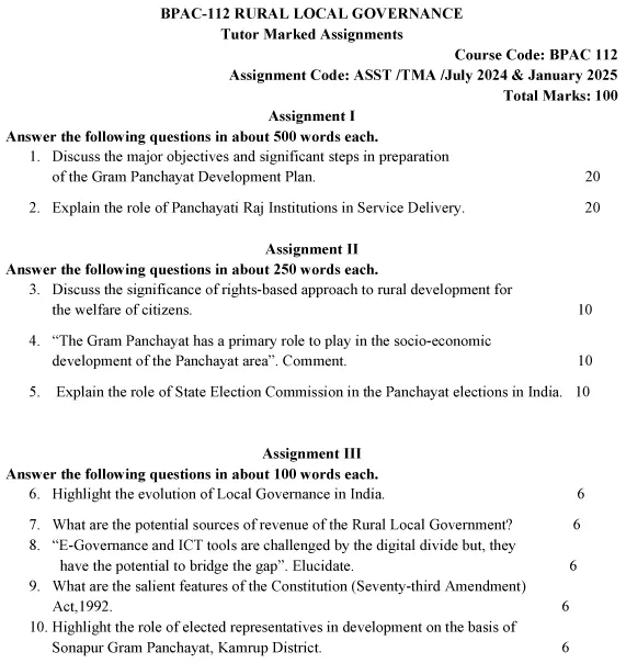 IGNOU BPAC-112 - Rural Local Governance, Latest Solved Assignment-July 2024 - January 2025