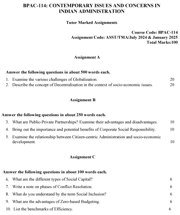 IGNOU BPAC-114 - Contemporary Issues and Concerns in Indian Administration Latest Solved Assignment-July 2024 - January 2025