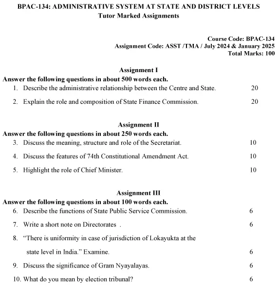 IGNOU BPAC-134 - Administrative system at State and District Levels, Latest Solved Assignment-July 2024 - January 2025