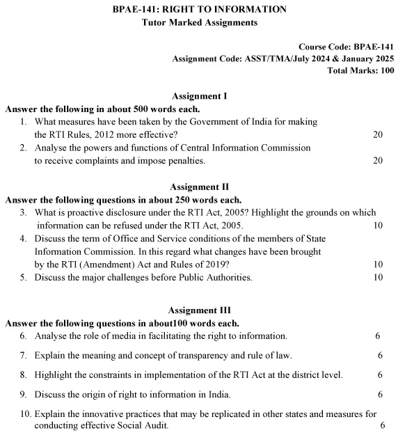 IGNOU BPAE-141 - Right to Information, Latest Solved Assignment-July 2024 - January 2025