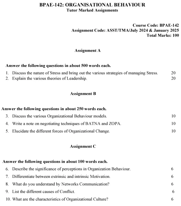 IGNOU BPAE-142 - Organisational Behaviour, Latest Solved Assignment -July 2024 - January 2025