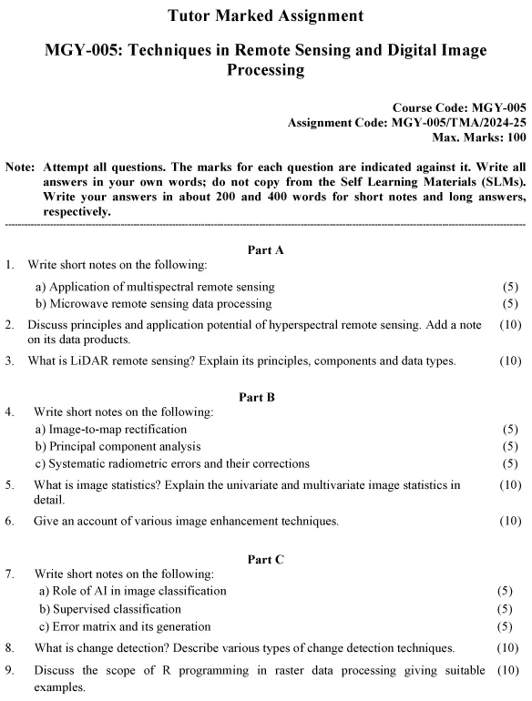 IGNOU MGY-05 - Techniques in Remote Sensing and Digital Image Processing Latest Solved Assignment-July 2024 - June 2025