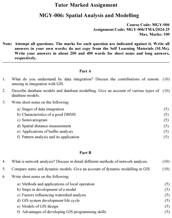 IGNOU MGY-06 - Spatial Analysis and Modelling Latest Solved Assignment-July 2024 - June 2025