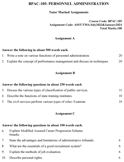 IGNOU BPAC-105 - Personnel Administration, Latest Solved Assignment-July 2023 - January 2024