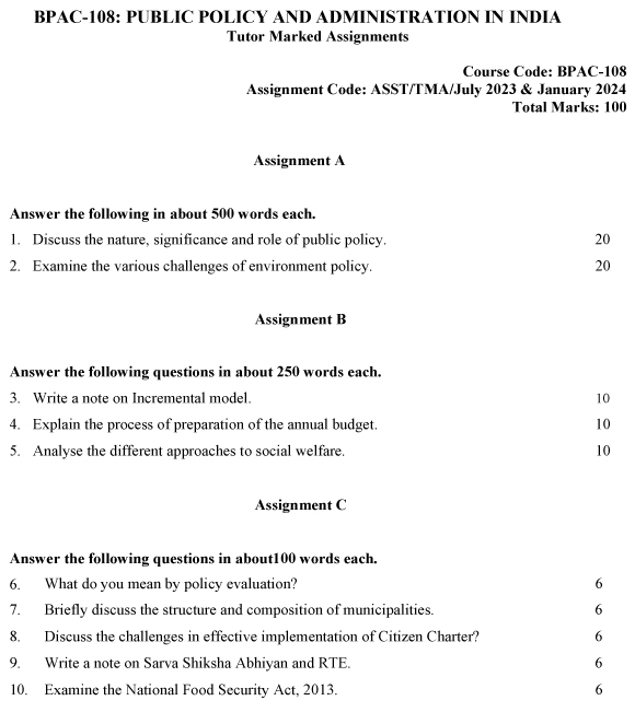 IGNOU BPAC-108 - Public Policy and Administration in India, Latest Solved Assignment-July 2023 - January 2024