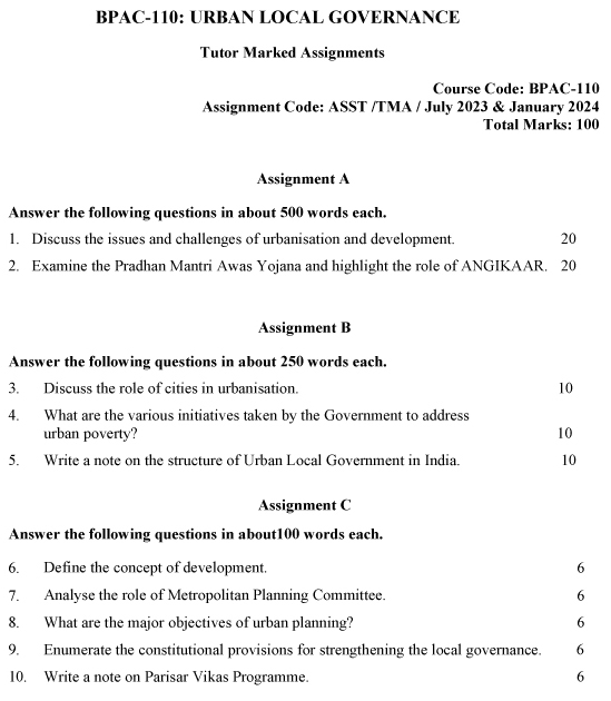 IGNOU BPAC-110 - Urban Local Governance, Latest Solved Assignment-July 2023 - January 2024