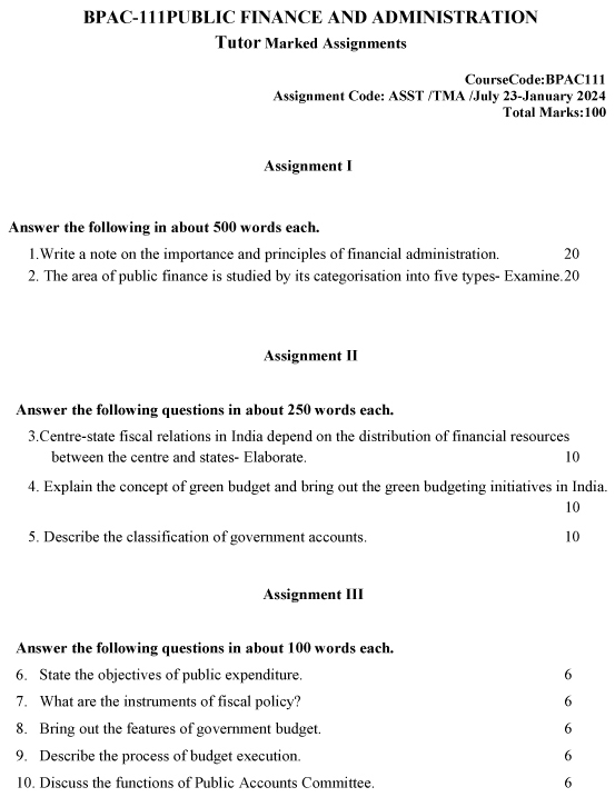 IGNOU BPAC-111 - Public Finance and Administration, Latest Solved Assignment-July 2023 - January 2024