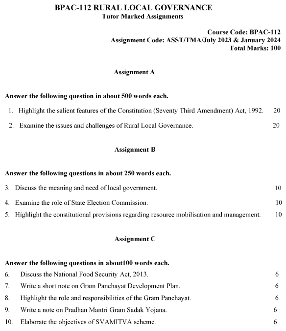 IGNOU BPAC-112 - Rural Local Governance, Latest Solved Assignment-July 2023 - January 2024