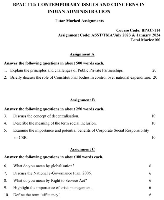 IGNOU BPAC-114 - Contemporary Issues and Concerns in Indian Administration Latest Solved Assignment-July 2023 - January 2024