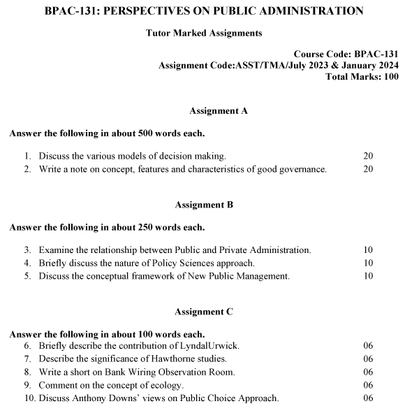 IGNOU BPAC-131 - Perspectives on Public Administration, Latest Solved Assignment-July 2023 - January 2024