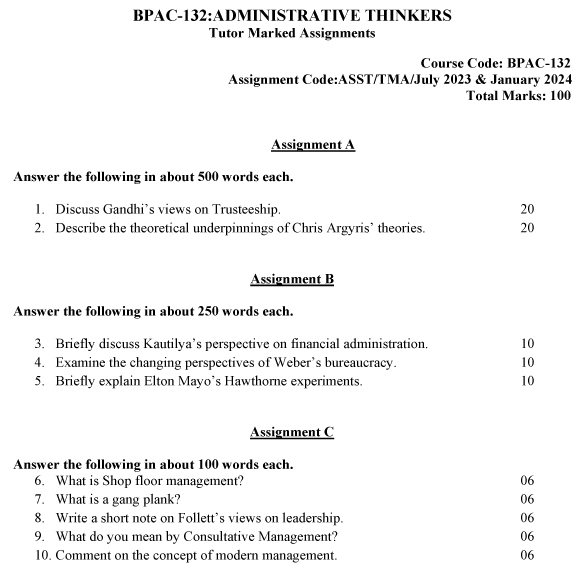 IGNOU BPAC-132 - Administrative Thinkers, Latest Solved Assignment-July 2023 - January 2024