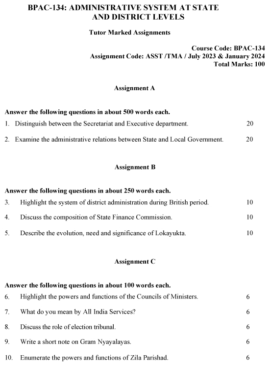 IGNOU BPAC-134 - Administrative system at State and District Levels, Latest Solved Assignment-July 2023 - January 2024