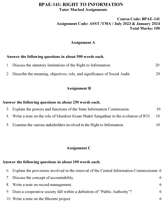 IGNOU BPAE-141 - Right to Information, Latest Solved Assignment-July 2023 - January 2024