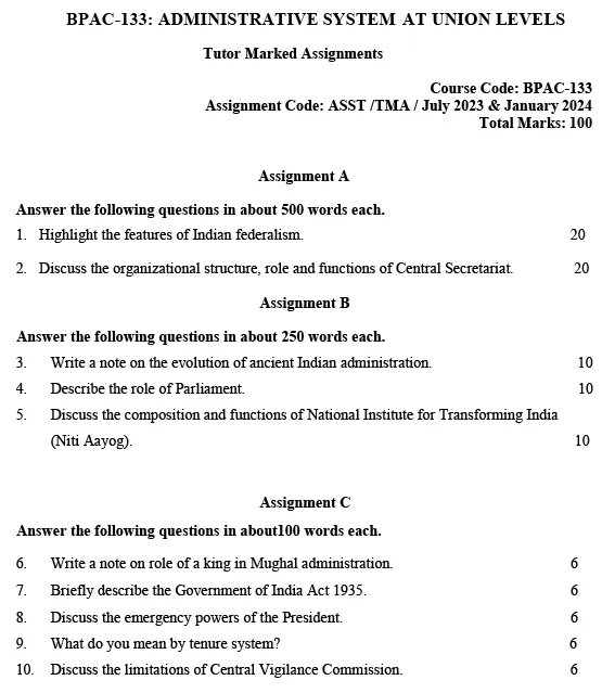 IGNOU BPAC-133 - Administrative system at Union Level, Latest Solved Assignment-July 2023 - January 2024