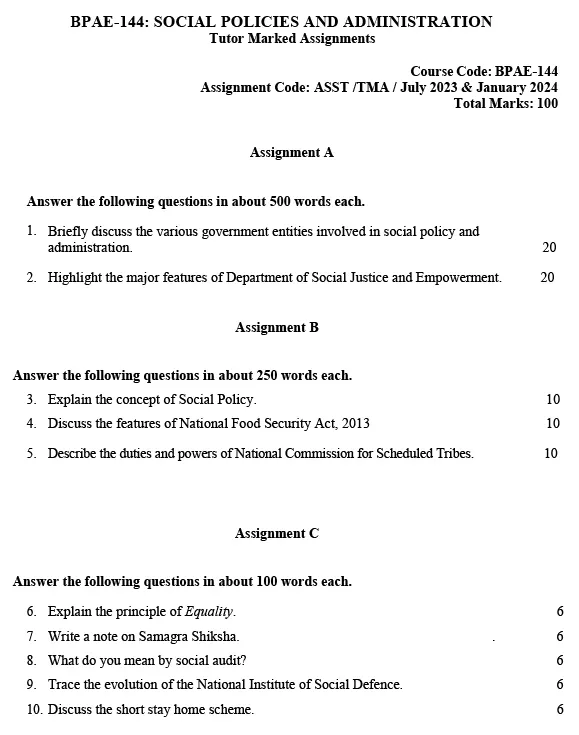 IGNOU BPAE-144 - Social Policies and Administration, Latest Solved Assignment-July 2023 - January 2024