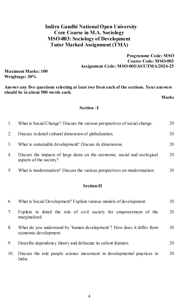 IGNOU MSO-03 - Sociology of Development, Latest Solved Assignment-July 2024 - January 2025