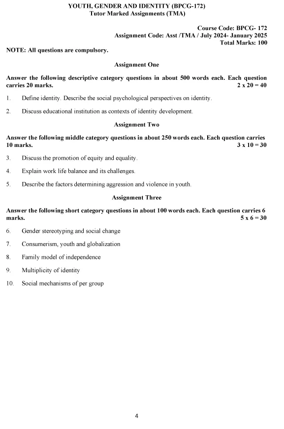 IGNOU BPCG-172 - Youth, Gender and Identity, Latest Solved Assignment-July 2024 - January 2025