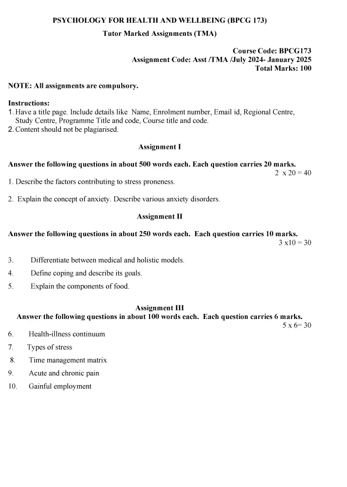 IGNOU BPCG-173 - Psychology for Health and Well Being, Latest Solved Assignment -July 2024 - January 2025