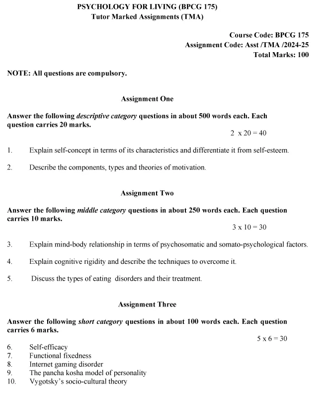 IGNOU BPCG-175 - Psychology for Living, Latest Solved Assignment-July 2024 - January 2025