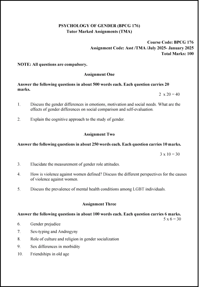 IGNOU BPCG-176 - Psychology of Gender, Latest Solved Assignment -July 2024 - January 2025