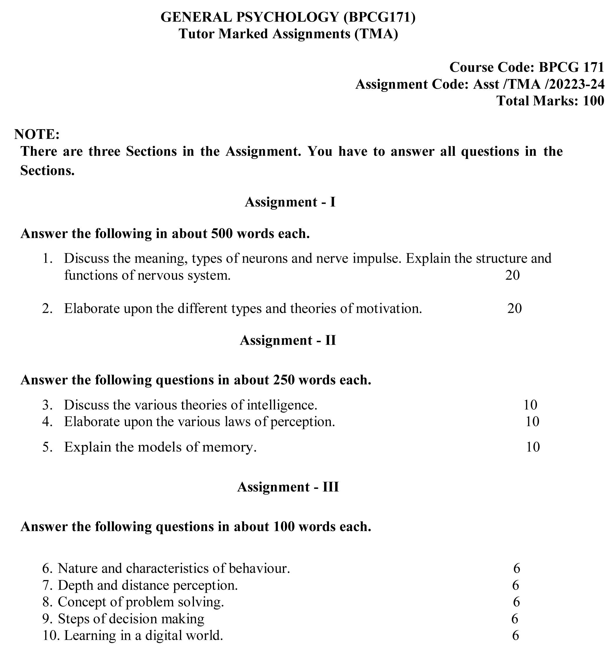 IGNOU BPCG-171 - General Psychology, Latest Solved Assignment-July 2023 - January 2024