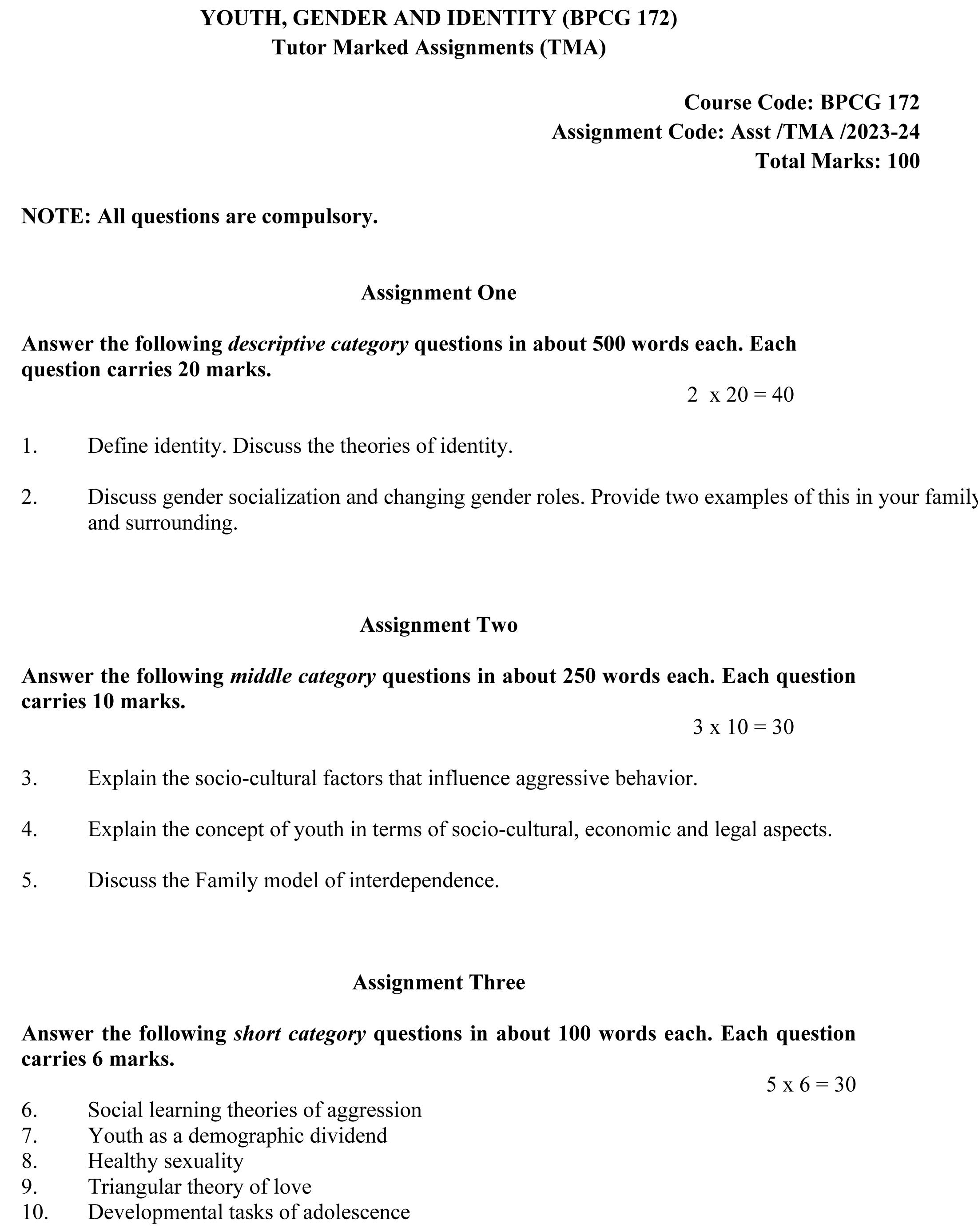 IGNOU BPCG-172 - Youth, Gender and Identity, Latest Solved Assignment-July 2023 - January 2024