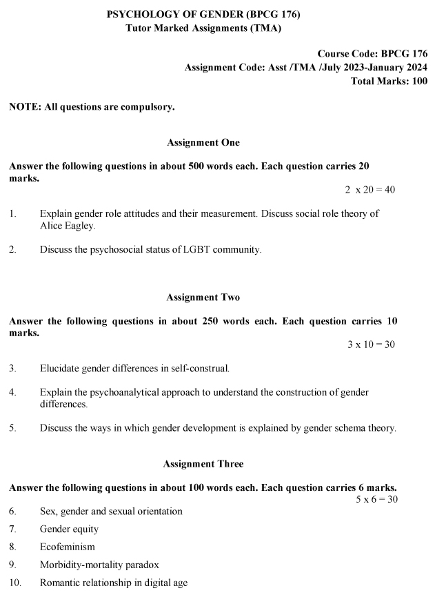 IGNOU BPCG-176 - Psychology of Gender, Latest Solved Assignment -July 2023 - January 2024