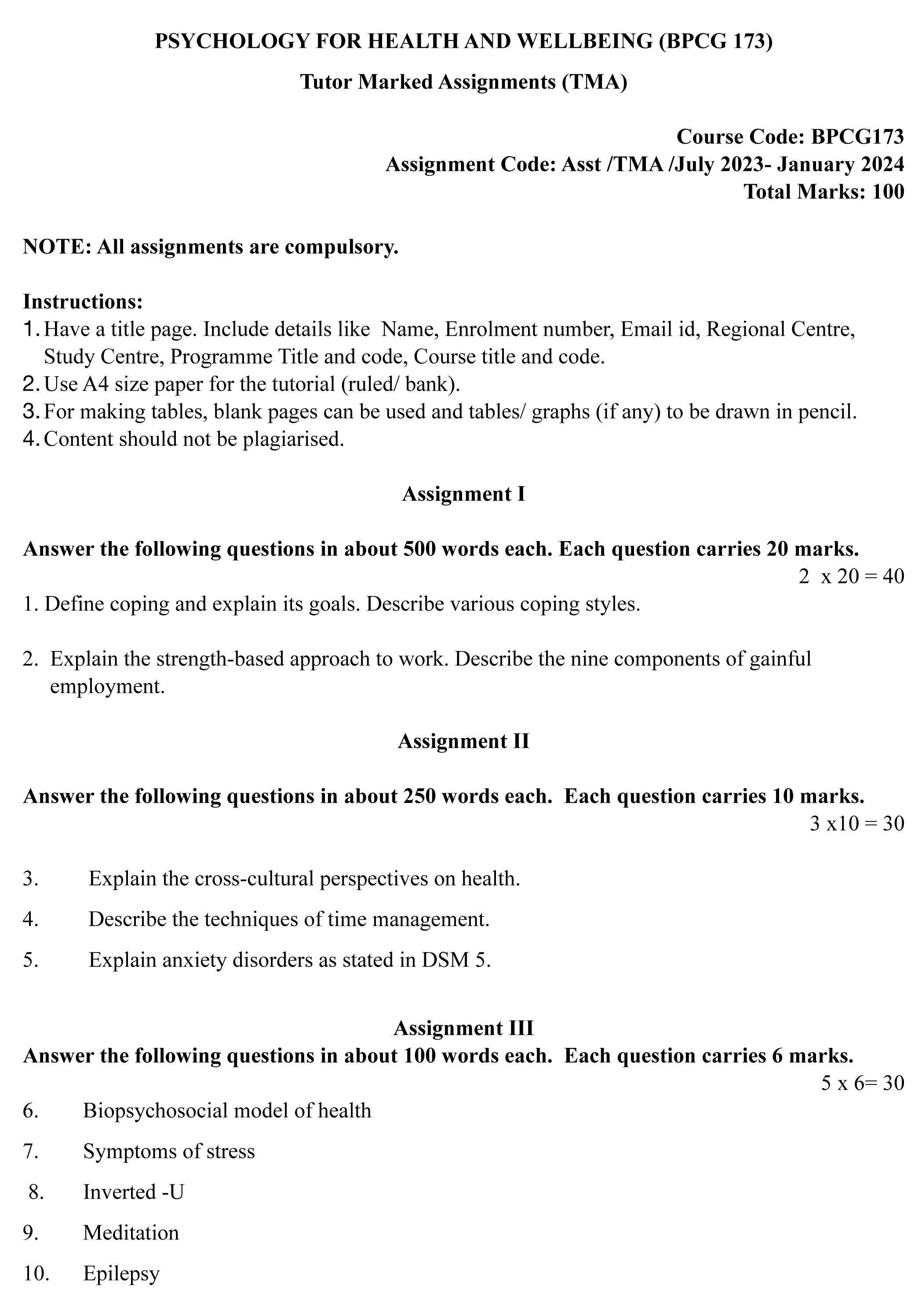 IGNOU BPCG-173 - Psychology for Health and Well Being, Latest Solved Assignment -July 2023 - January 2024