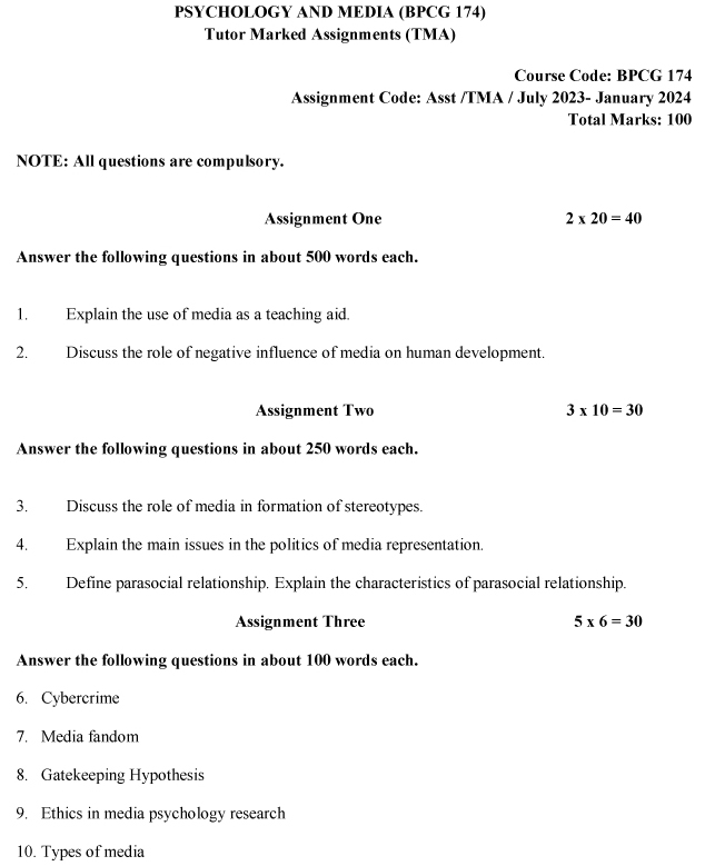 IGNOU BPCG-174 - Psychology and Media, Latest Solved Assignment-July 2023 - January 2024