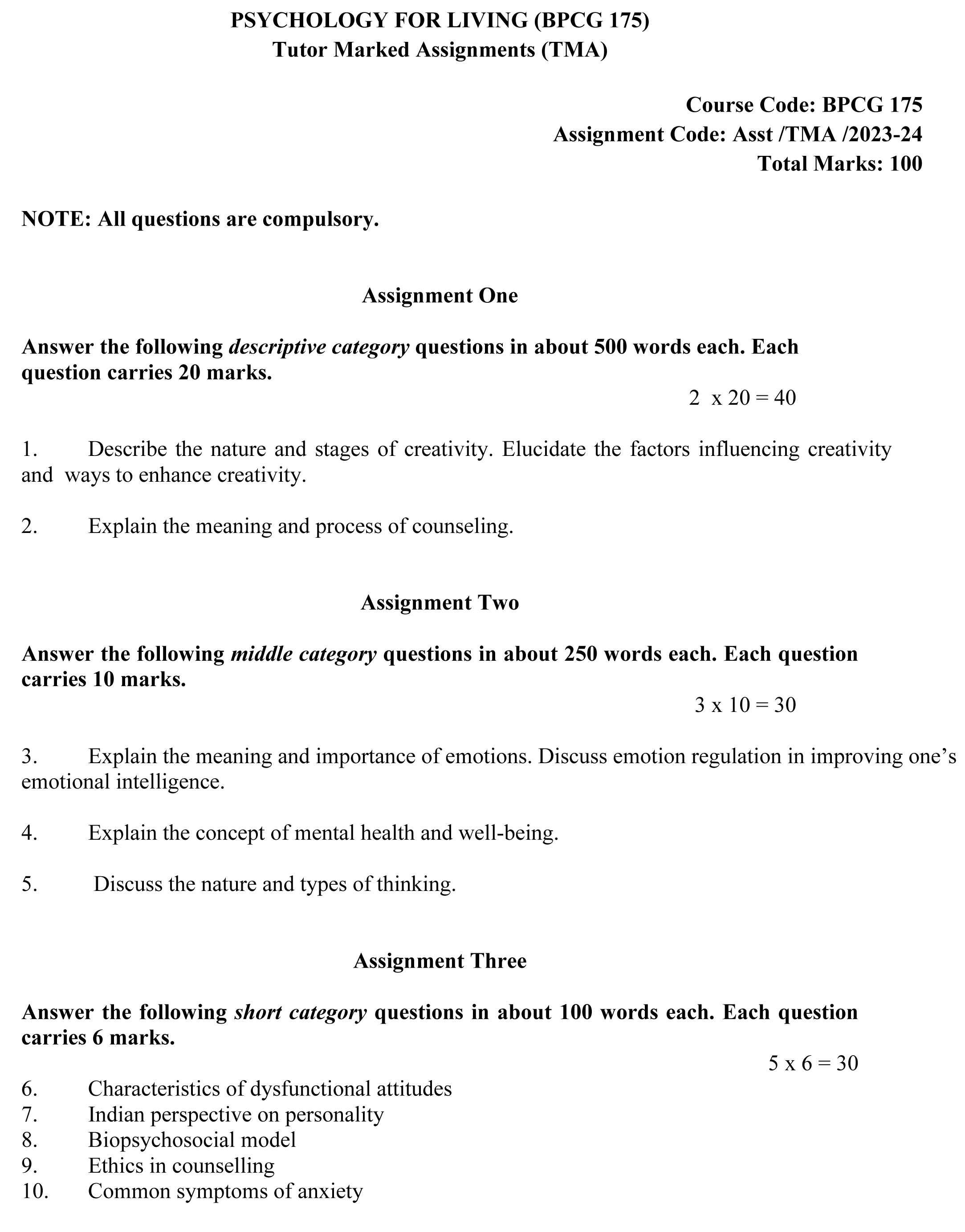 IGNOU BPCG-175 - Psychology for Living, Latest Solved Assignment-July 2023 - January 2024