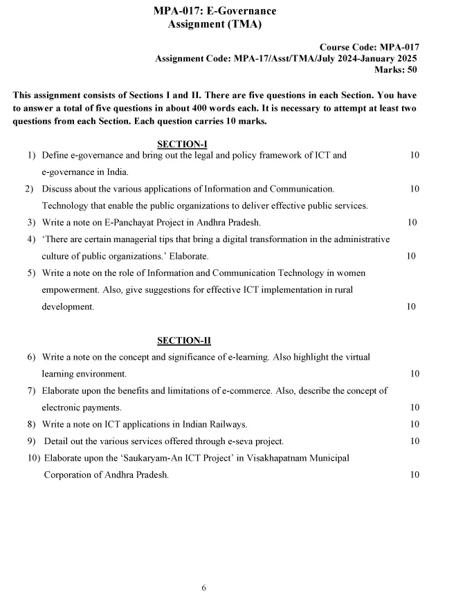 IGNOU MPA-17 - Electronic Governance Latest Solved Assignment-July 2024 - January 2025