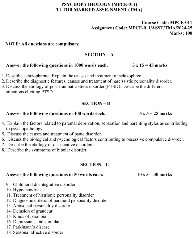 IGNOU MPCE-11 - Psychopathology Latest Solved Assignment-July 2024 - January 2025