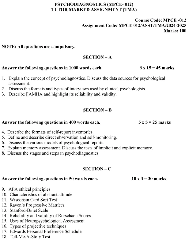 IGNOU MPCE-12 - Psychodiagnostics Latest Solved Assignment-July 2024 - January 2025