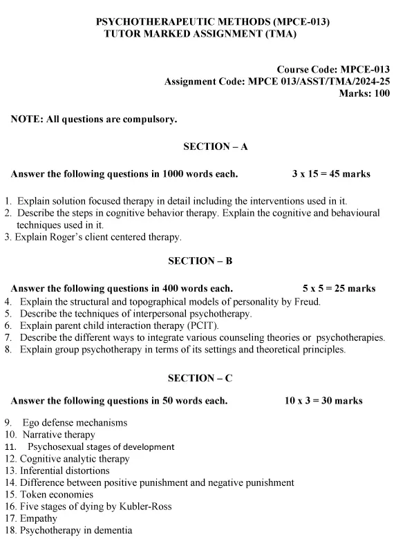 IGNOU MPCE-13 - Psychotherapeutic methods Latest Solved Assignment-July 2024 - January 2025