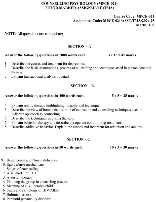 IGNOU MPCE-21 - Counselling Psychology Latest Solved Assignment-July 2024 - January 2025