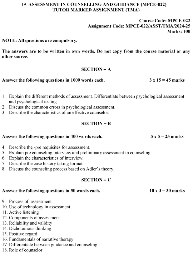 IGNOU MPCE-22 - Assessment in Counselling and Guidance Latest Solved Assignment-July 2024 - January 2025