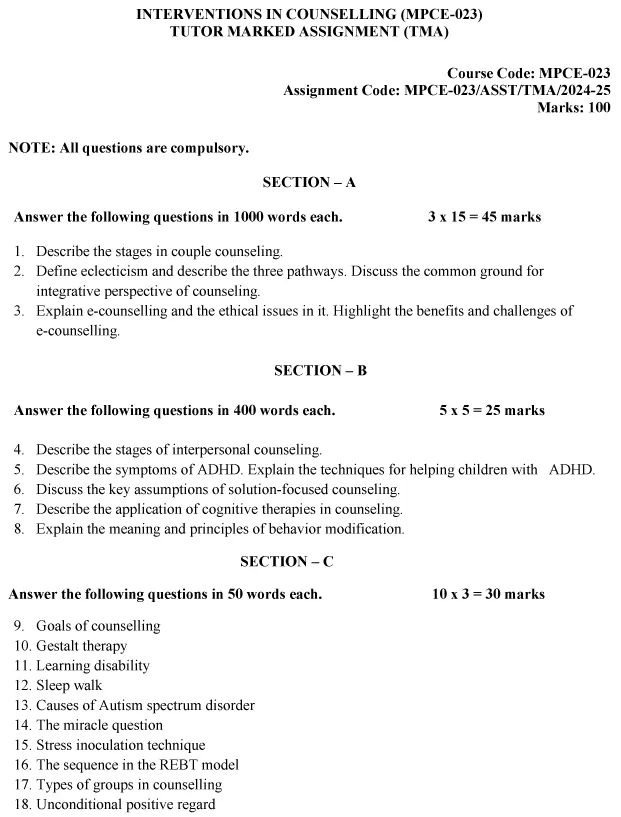 IGNOU MPCE-23 - Interventions in Counseling Latest Solved Assignment-July 2024 - January 2025