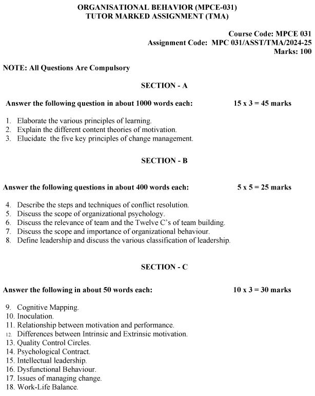 IGNOU MPCE-31 - Organisational Behaviour Latest Solved Assignment-July 2024 - January 2025