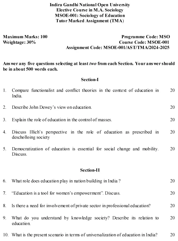 IGNOU MSOE-01 - Sociology of Education, Latest Solved Assignment-July 2024 - January 2025