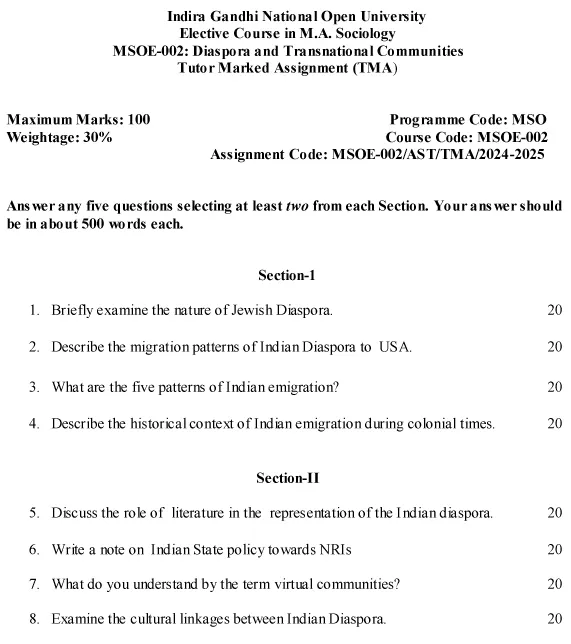 IGNOU MSOE-02 - Diaspora and Transnational Communities, Latest Solved Assignment-July 2024 - January 2025