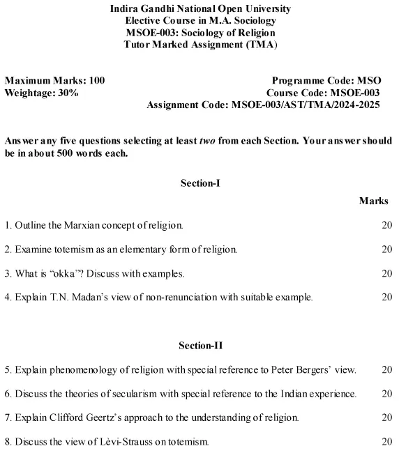 IGNOU MSOE-03 - Sociology of Religion, Latest Solved Assignment-July 2024 - January 2025