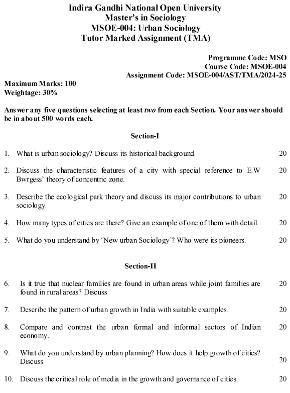 IGNOU MSOE-04 - Urban Sociology, Latest Solved Assignment-July 2024 - January 2025