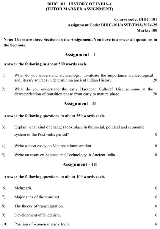 IGNOU BHIC-101 - History of India-I Latest Solved Assignment-July 2024 - January 2025