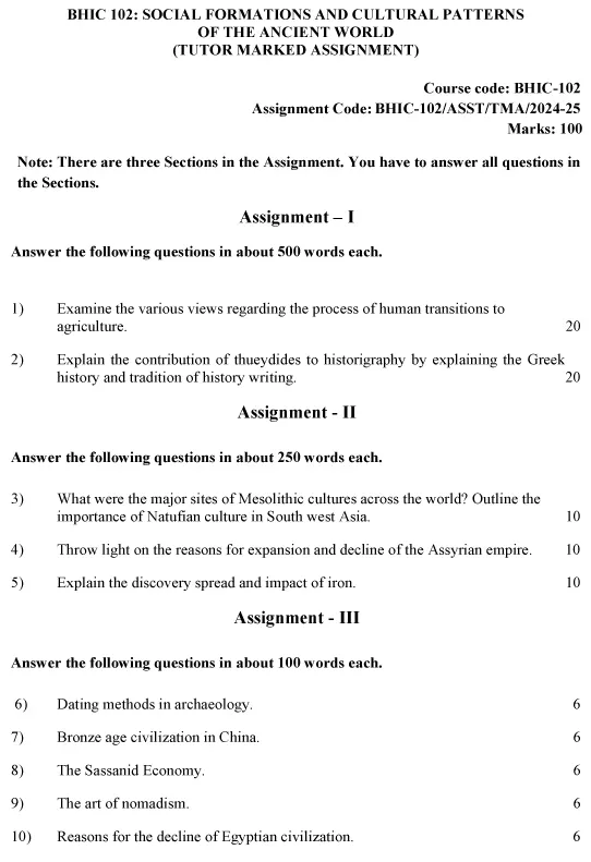 IGNOU BHIC-102 - Social Formations and Cultural Patterns of the Ancient World Latest Solved Assignment-July 2024 - January 2025