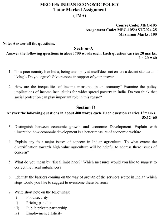 IGNOU MEC-105 - Indian Economic Policy Latest Solved Assignment-July 2024 - January 2025