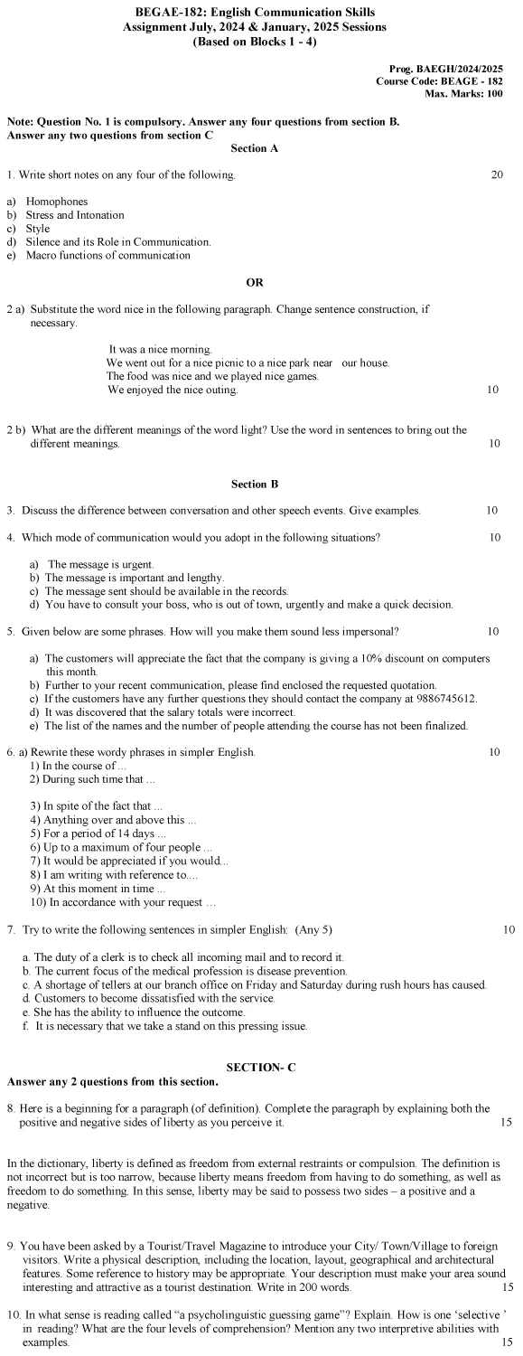 BEGAE-182 - English Communication Skills-July 2024 - January 2025