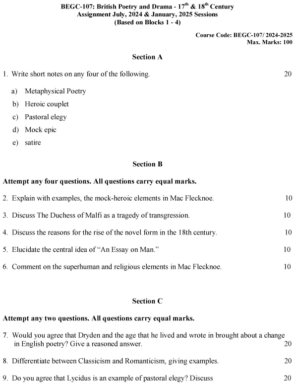 IGNOU BEGC-107 - British Poetry and Drama: 17th and 18th Centuries, Latest Solved Assignment-July 2024 - January 2025