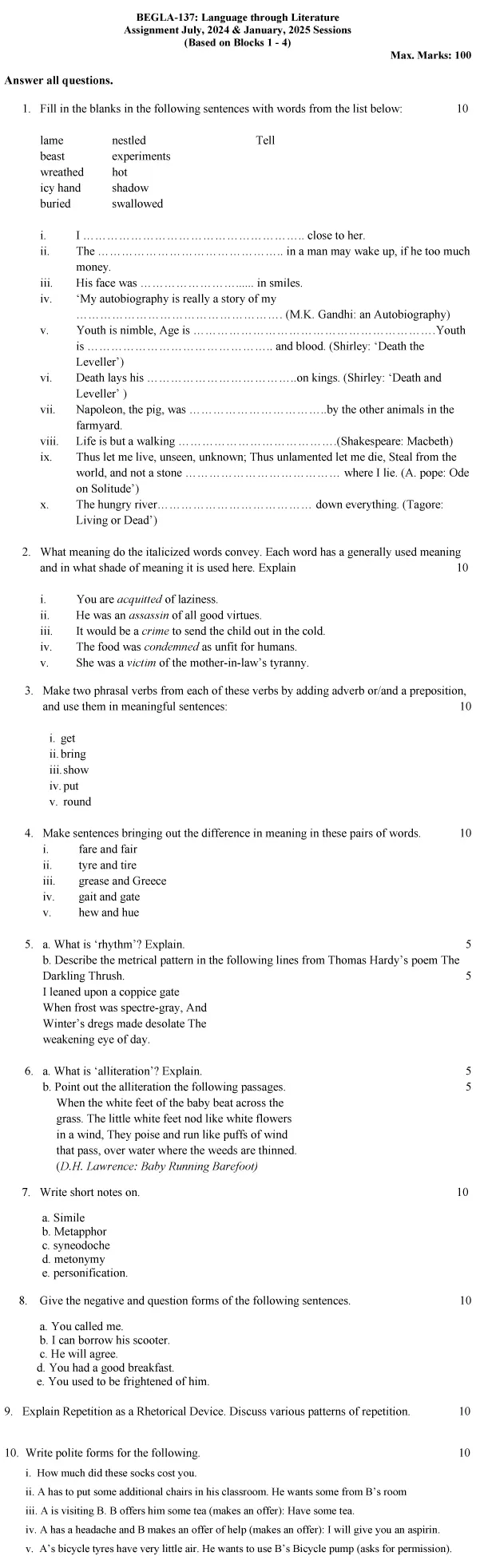 BEGLA-137 - Language Through Literature-July 2024 - January 2025