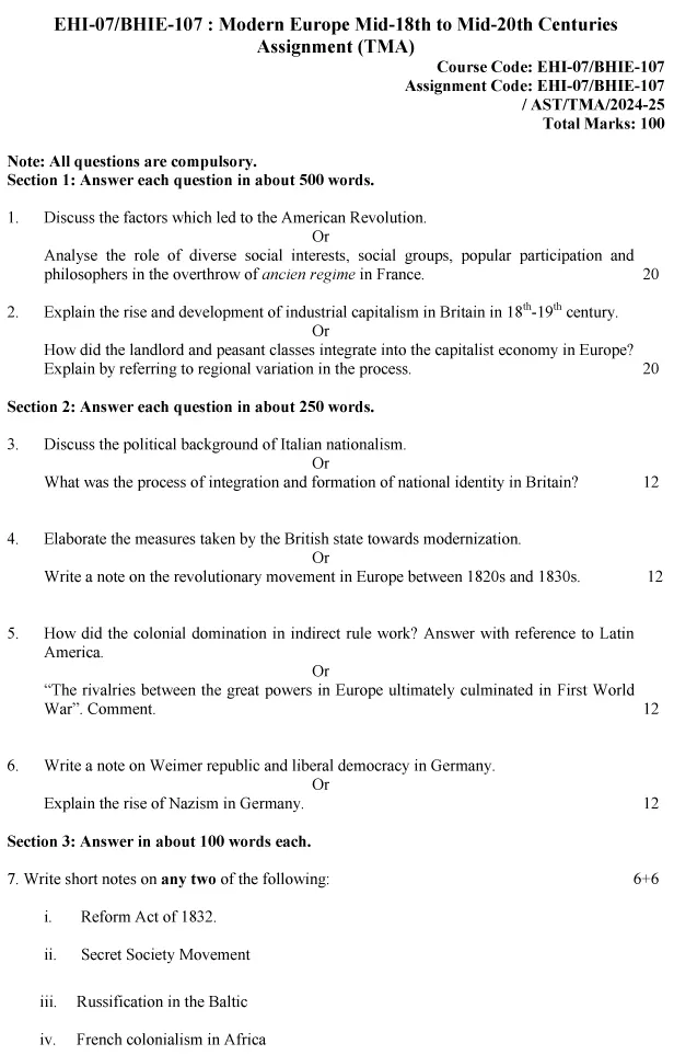 EHI-07/BHIE-107 - Modern Europe - Mid Eighteenth to Mid Twentieth Centuries-July 2024 - January 2025