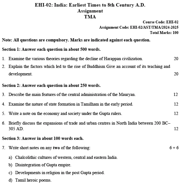 EHI-02 - India: Earliest Times to the 8th Century A.D.-July 2024 - January 2025